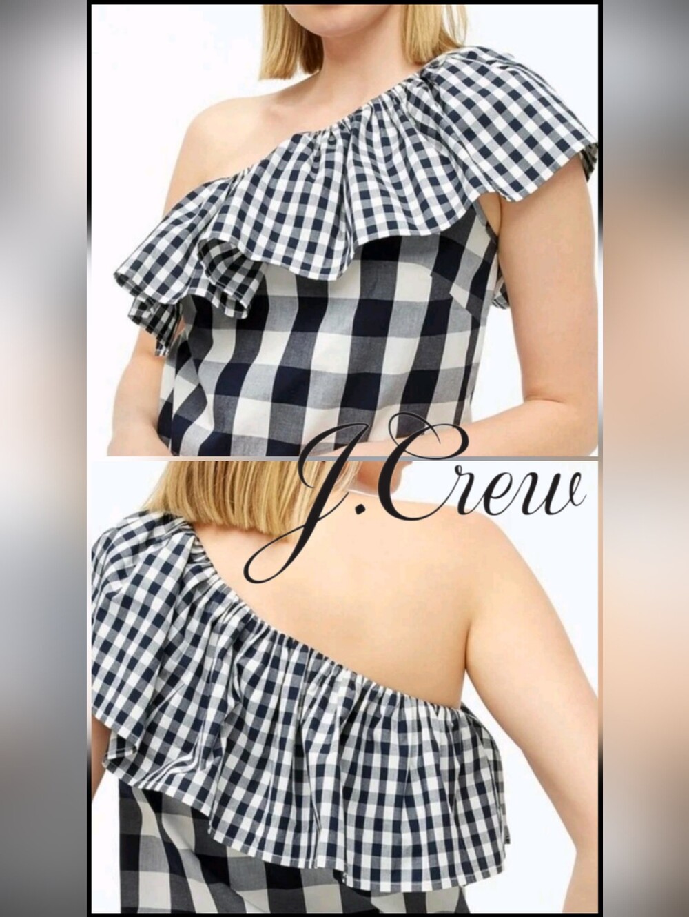 J. Crew Preppy Poplin Ruffle Gingham One Sided Off-The-Shoulder Top Navy/White